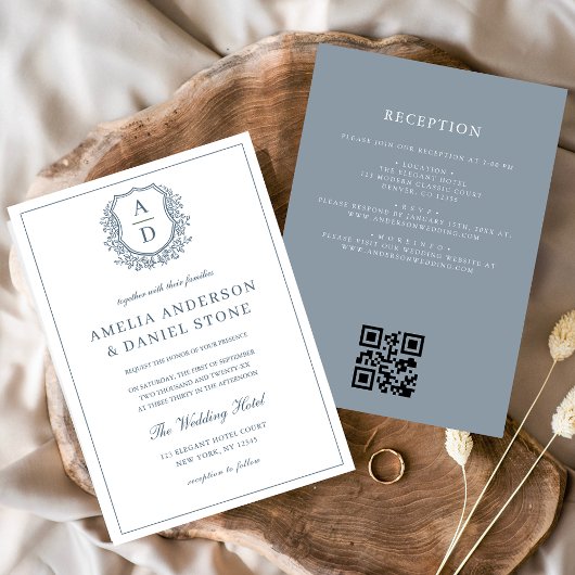 Dusty Blue Leafy Wappen Monogram Wedding QR Code Einladung