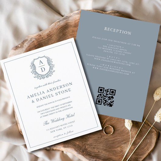 Dusty Blue Leafy Wappen Monogram Wedding QR Code Flyer