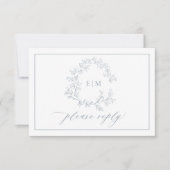 Dusty Blue Leafy Wappen Monogram Wedding RSVP Card (Vorderseite)