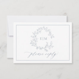 Dusty Blue Leafy Wappen Monogram Wedding RSVP Card