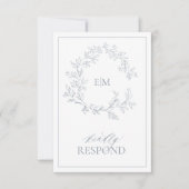 Dusty Blue Leafy Wappen Monogram Wedding RSVP Card (Vorderseite)