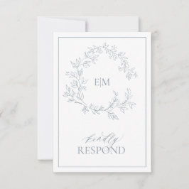Dusty Blue Leafy Wappen Monogram Wedding RSVP Card