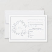 Dusty Blue Leafy Wappen Monogram Wedding RSVP Card Karte (Rückseite)