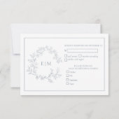Dusty Blue Leafy Wappen Monogram Wedding RSVP Card Karte (Rückseite)