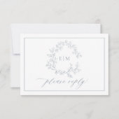 Dusty Blue Leafy Wappen Monogram Wedding RSVP Card Karte (Vorderseite)