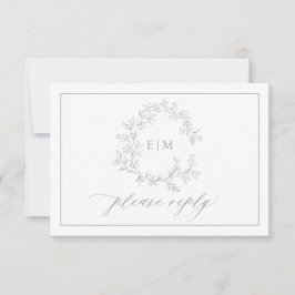 Dusty Blue Leafy Wappen Monogram Wedding RSVP Card Karte