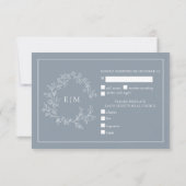 Dusty Blue Leafy Wappen Monogram Wedding RSVP Card Karte (Rückseite)