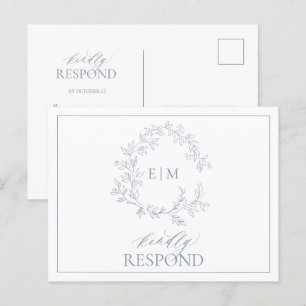 Dusty Blue Leafy Wappen Monogram Wedding RSVP Einladungspostkarte