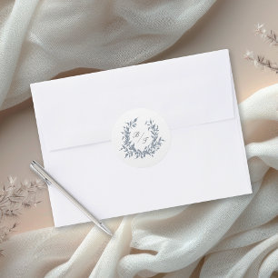 Dusty Blue Leafy Wappen Monogram Wedellogo Runder Aufkleber