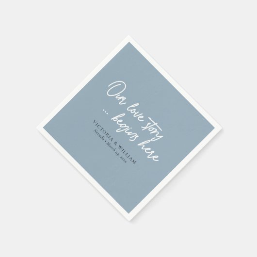 Dusty Blue Liebe Story: Elegante Script Wedding Serviette (Ecke)