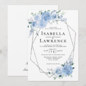 Dusty Blue Light Floral Silver Geometric Wedding Einladung (Vorne/Hinten)