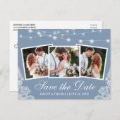 Dusty Blue Lights Lace 3 Foto Save the Date Postkarte (Vorne/Hinten)