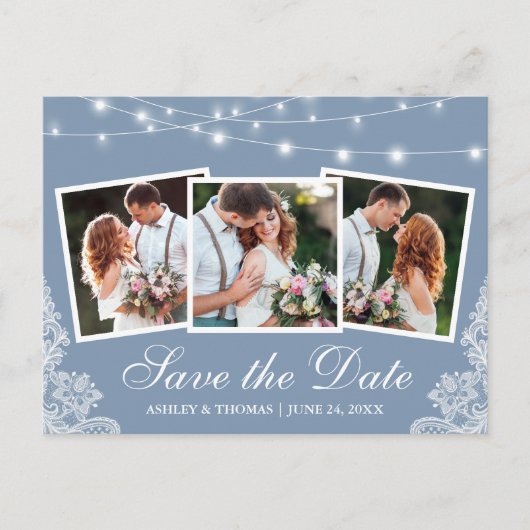 Dusty Blue Lights Lace 3 Foto Save the Date Postkarte (Vorderseite)