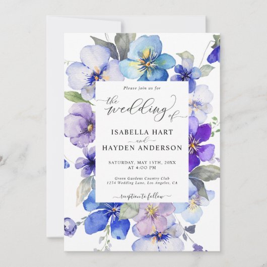 Dusty Blue Lila Floral All in 1 QR Code Wedding Einladung (Vorderseite)