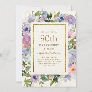 Dusty Blue Lila Floral Gold 90. Geburtstag Einladung