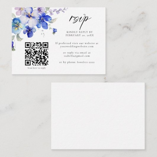 Dusty Blue Lila Floral QR Code Wedding RSVP Begleitkarte (Vorne/Hinten)