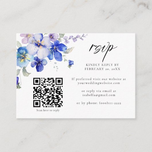 Dusty Blue Lila Floral QR Code Wedding RSVP Begleitkarte (Vorderseite)