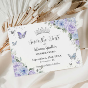 Dusty Blue Lila Floral Silver Quinceañera 16. Save The Date