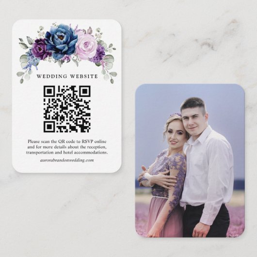 Dusty Blue Lila Navy Lilac Bloom Wedding QR Code Begleitkarte (Vorne/Hinten)