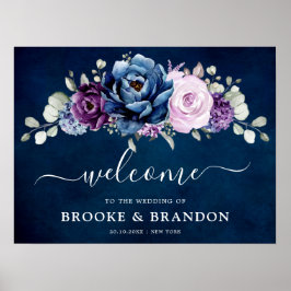 Dusty Blue Lila Navy Lilac Bloom Wedding Willkomme Poster