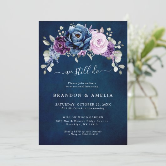 Dusty Blue Lila Navy Lilac Blooms Einladung (Stehend Vorderseite)