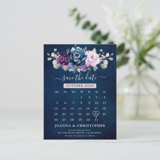 Dusty Blue Lila Navy Lilac Blooms Save the Date Postkarte (Stehend Vorderseite)