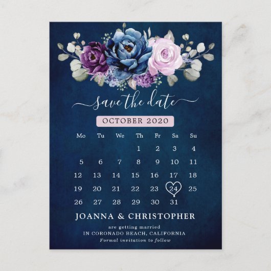 Dusty Blue Lila Navy Lilac Blooms Save the Date Postkarte (Vorderseite)