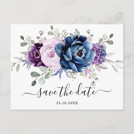 Dusty Blue Lila Navy Lilac Blooms Save the Date Postkarte (Vorderseite)
