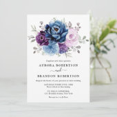 Dusty Blue Lila Navy Lilac Blooms Wedding Elegan Einladung (Stehend Vorderseite)