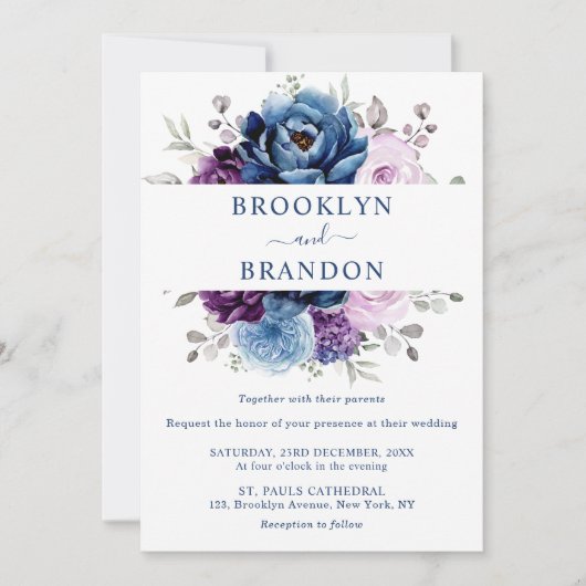 Dusty Blue Lila Navy Lilac Blooms Wedding Invita Einladung (Vorderseite)