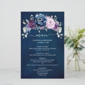 Dusty Blue Lila Navy Lilac Blooms Wedding Menu (Stehend Vorderseite)