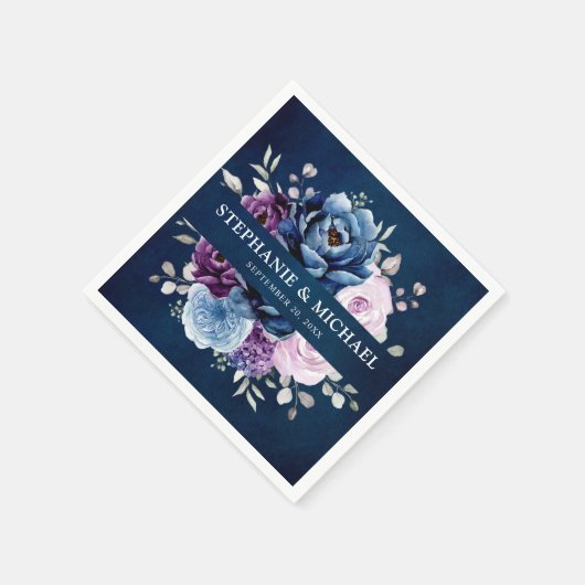 Dusty Blue Lila Navy Lilac Blooms Wedding Napkin Serviette (Ecke)