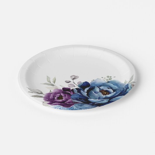 Dusty Blue Lila Navy Lilac Blooms Wedding Pappteller (Schrägansicht)