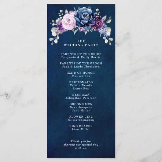 Dusty Blue Lila Navy Lilac Blooms Wedding Program Programm (Rückseite)