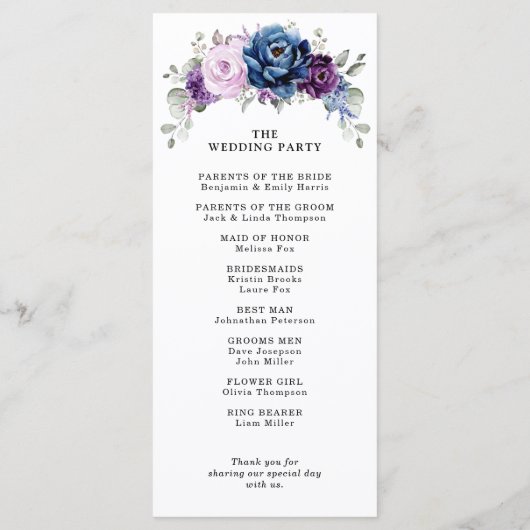 Dusty Blue Lila Navy Lilac Blooms Wedding Programm (Rückseite)