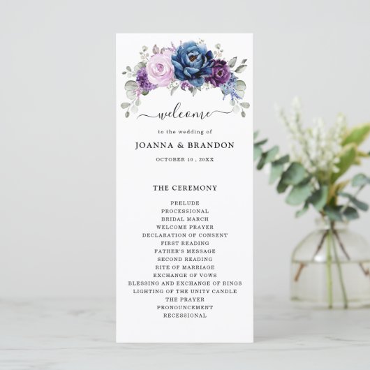 Dusty Blue Lila Navy Lilac Blooms Wedding Programm (Stehend Vorderseite)