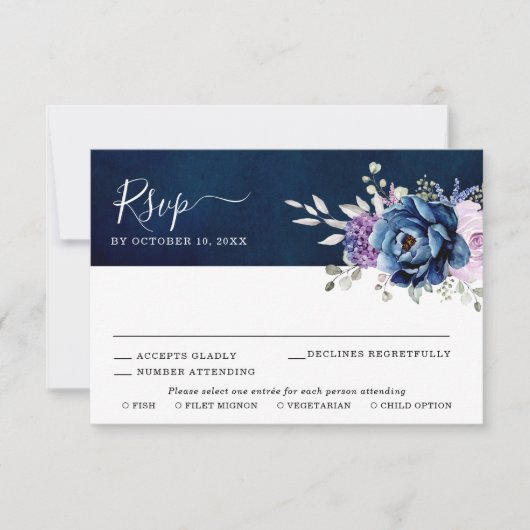 Dusty Blue Lila Navy Lilac Blooms Wedding RSVP C (Vorderseite)