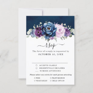 Dusty Blue Lila Navy Lilac Blooms Wedding RSVP C Karte