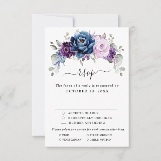 Dusty Blue Lila Navy Lilac Blooms Wedding RSVP Karte (Vorderseite)