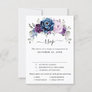 Dusty Blue Lila Navy Lilac Blooms Wedding RSVP Karte