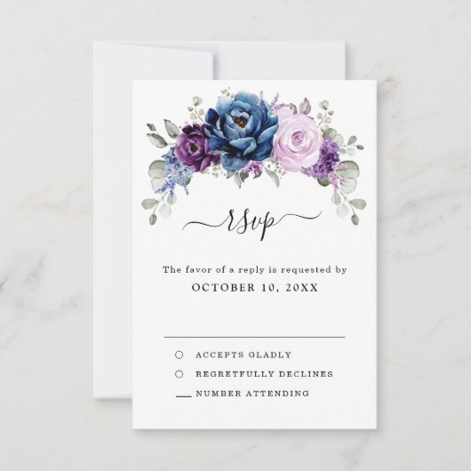 Dusty Blue Lila Navy Lilac Blooms Wedding RSVP Karte (Vorderseite)