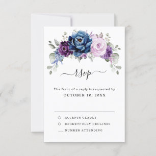 Dusty Blue Lila Navy Lilac Blooms Wedding RSVP Karte