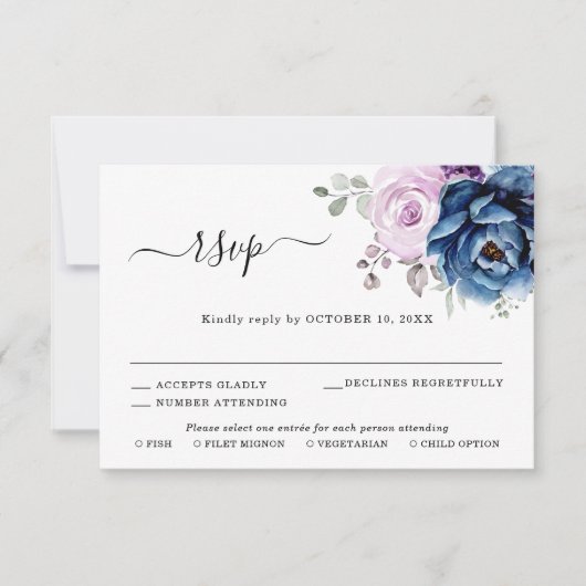 Dusty Blue Lila Navy Lilac Blooms Wedding RSVP Karte (Vorderseite)