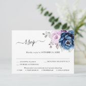 Dusty Blue Lila Navy Lilac Blooms Wedding RSVP Karte (Stehend Vorderseite)