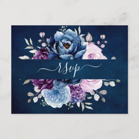 Dusty Blue Lila Navy Lilac Blooms Wedding RSVP Postkarte (Vorderseite)