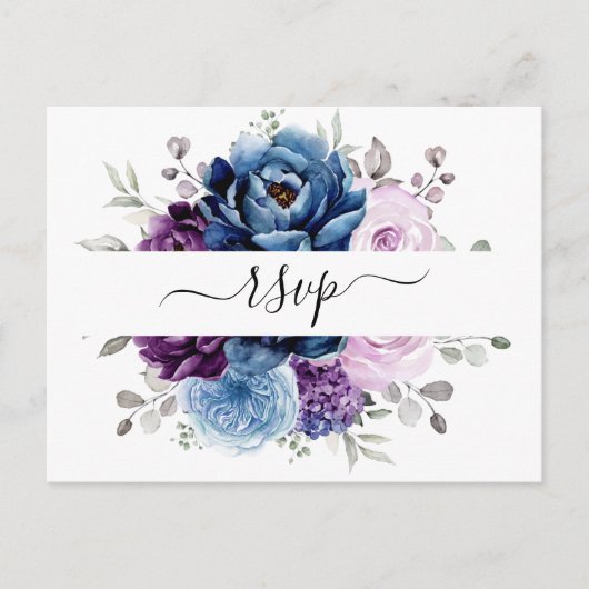 Dusty Blue Lila Navy Lilac Blooms Wedding RSVP Postkarte (Vorderseite)