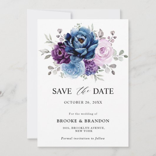Dusty Blue Lila Navy Lilac Blooms Wedding Save The Date (Vorderseite)