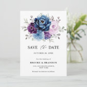 Dusty Blue Lila Navy Lilac Blooms Wedding Save The Date (Stehend Vorderseite)