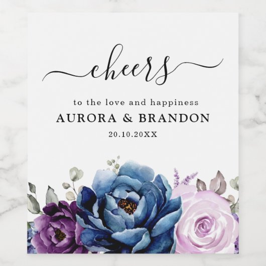 Dusty Blue Lila Navy Lilac Blooms Wedding Weinetikett (Einzelnes Label)