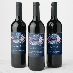 Dusty Blue Lila Navy Lilac Blooms Wedding Wine L Weinetikett